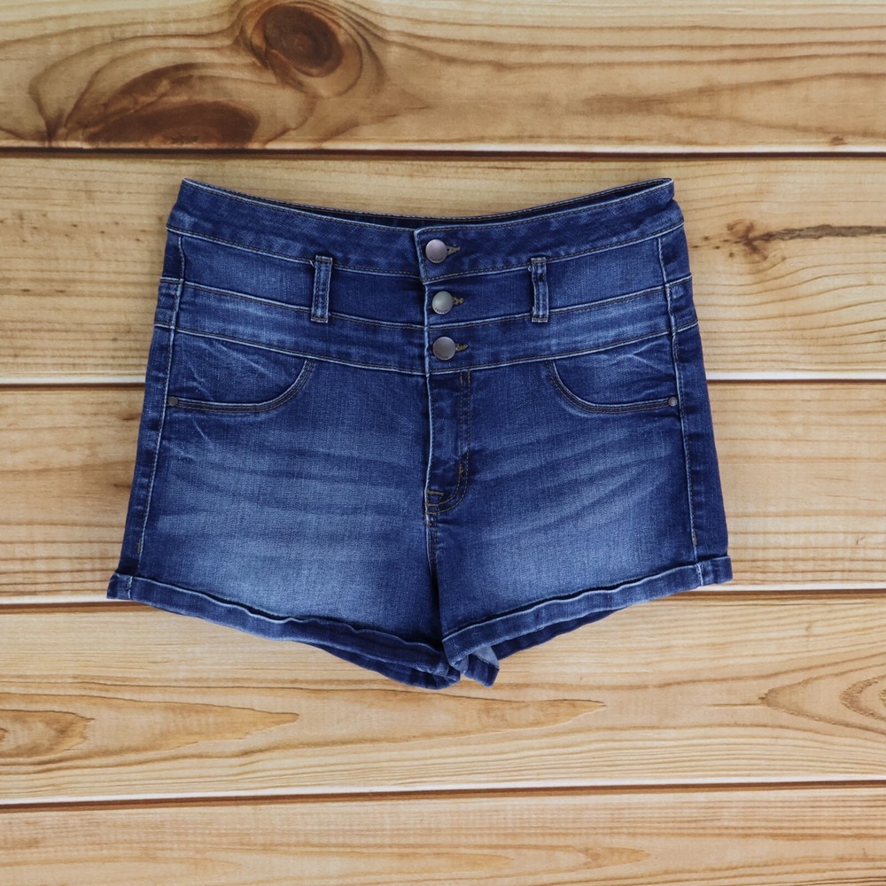 Refuge Jean Shorts Womens Size 6 Blue Cotton Blend Cuffed Faux Pockets‎